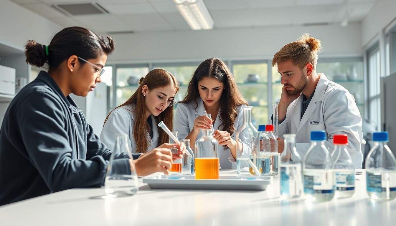 Students studying together in modern classroom